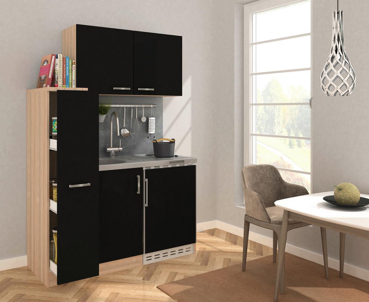 Miniküche Schwarz/Eiche m. Geräten B: ca. 130 cm - Edelstahlfarben/Eichefarben, MODERN, Holzwerkstoff (130cm) - Respekta