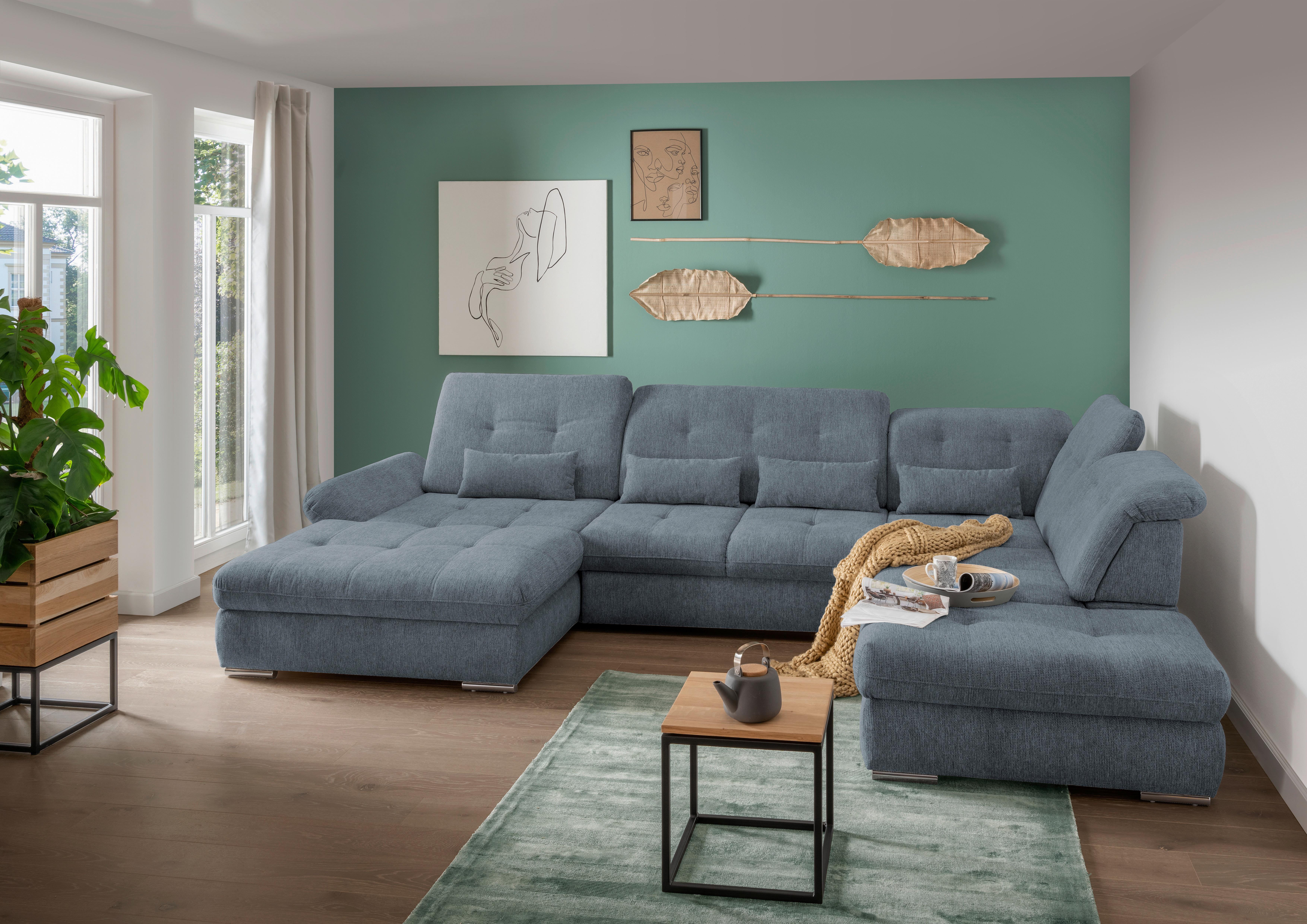 Wohnlandschaft Dalida Hellblau Chenille - Chromfarben/Hellblau, Design, Textil/Metall (195/376/254cm) - Livetastic