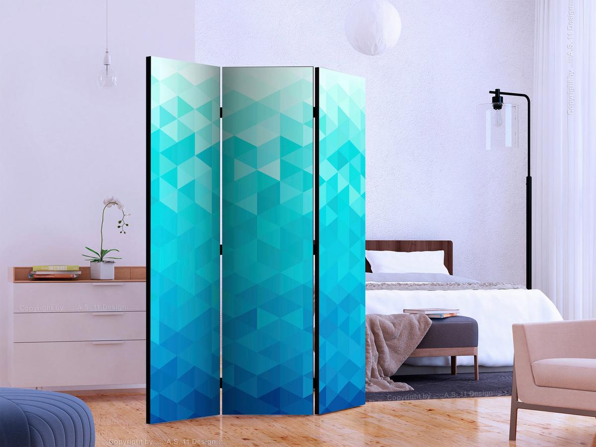 Paravan Azure Pixel, 3-Delni, Dvostranski - modra/svetlo modra, Basics, tekstil/les (135/172/3cm) - artgeist