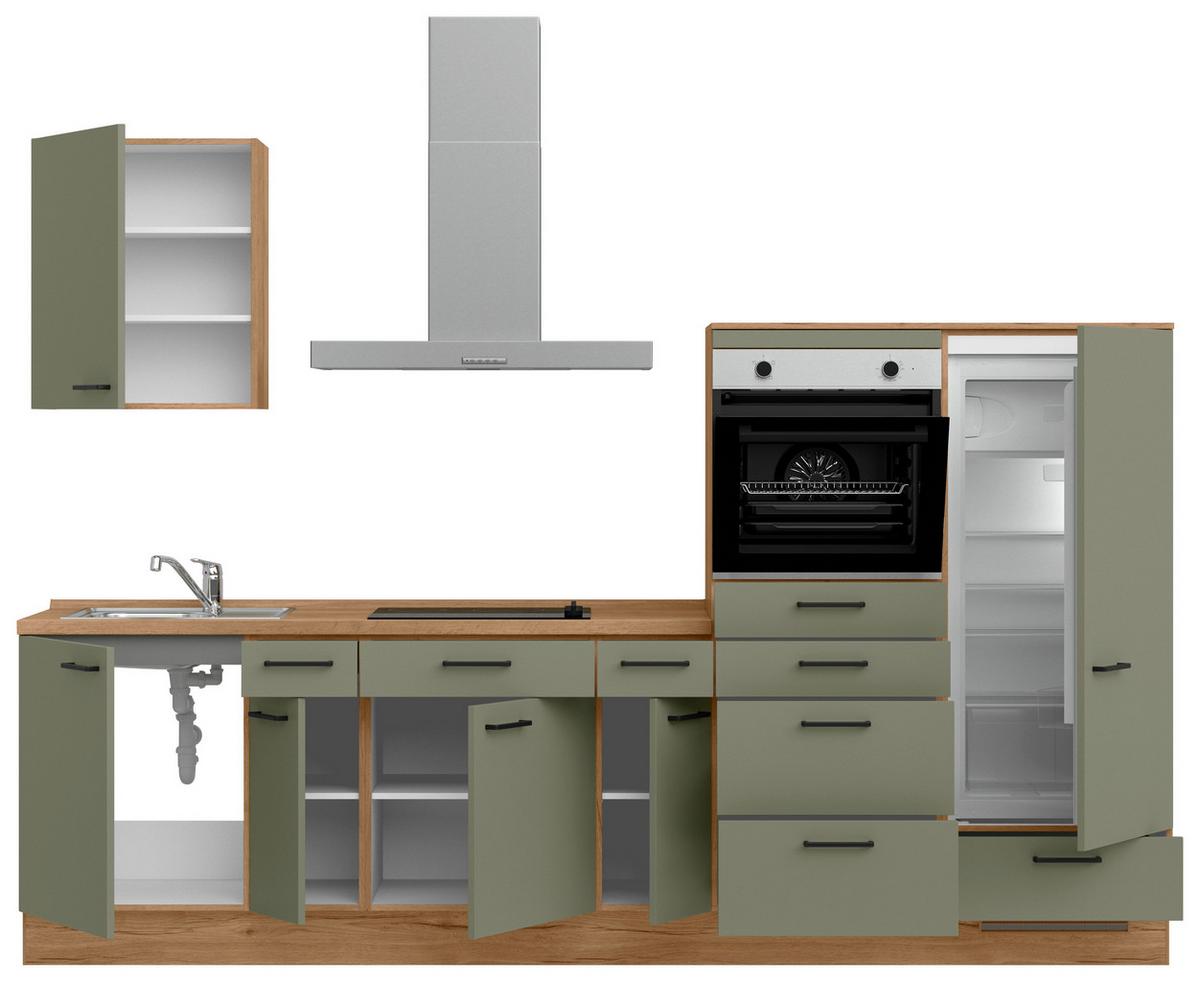 Küchenleerblock Senso Low o. Geräte Olivgrün - Eichefarben/Schwarz, MODERN, Holzwerkstoff/Metall (300cm) - Nobilia