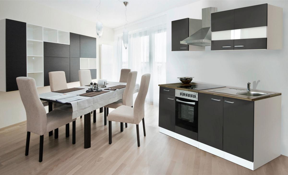 Küchenzeile Economy m. Geräten Grau/Nussbaum B: ca. 210 cm - Edelstahlfarben/Nussbaumfarben, Basics, Holzwerkstoff/Metall (210cm) - Respekta