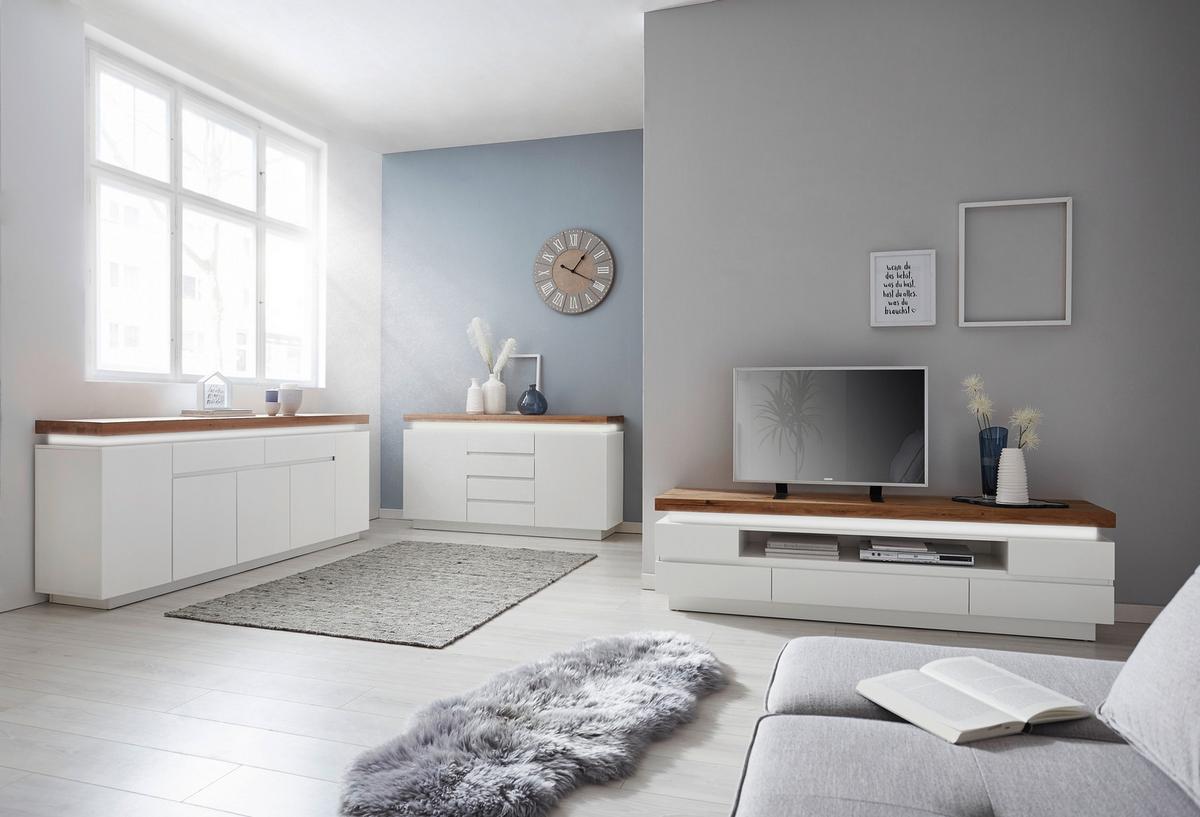 KOMODA SZEROKA ROMINA - kolor dębowy/biały, Design, materiał drewnopochodny/drewno (150/81/40cm)