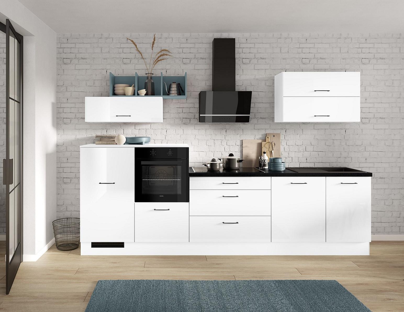 Küchenblock inkl. 5 E-Geräte IP4050 Weiß Hochglanz - Weiß Hochglanz/Schwarz, Trend, Holzwerkstoff/Metall (320cm) - Impuls
