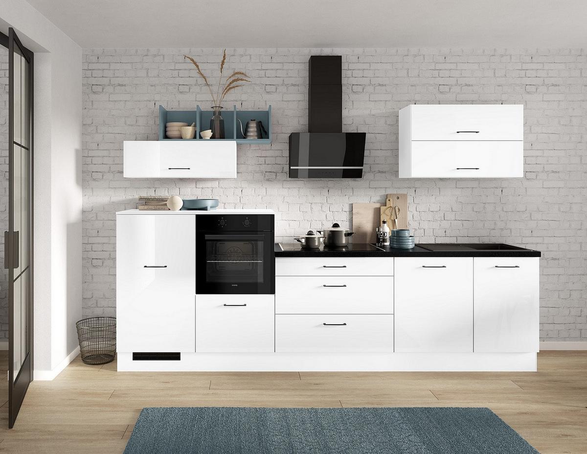Küchenblock inkl. 5 E-Geräte IP4050 Weiß Hochglanz - Weiß Hochglanz/Schwarz, Trend, Holzwerkstoff/Metall (320cm) - Impuls