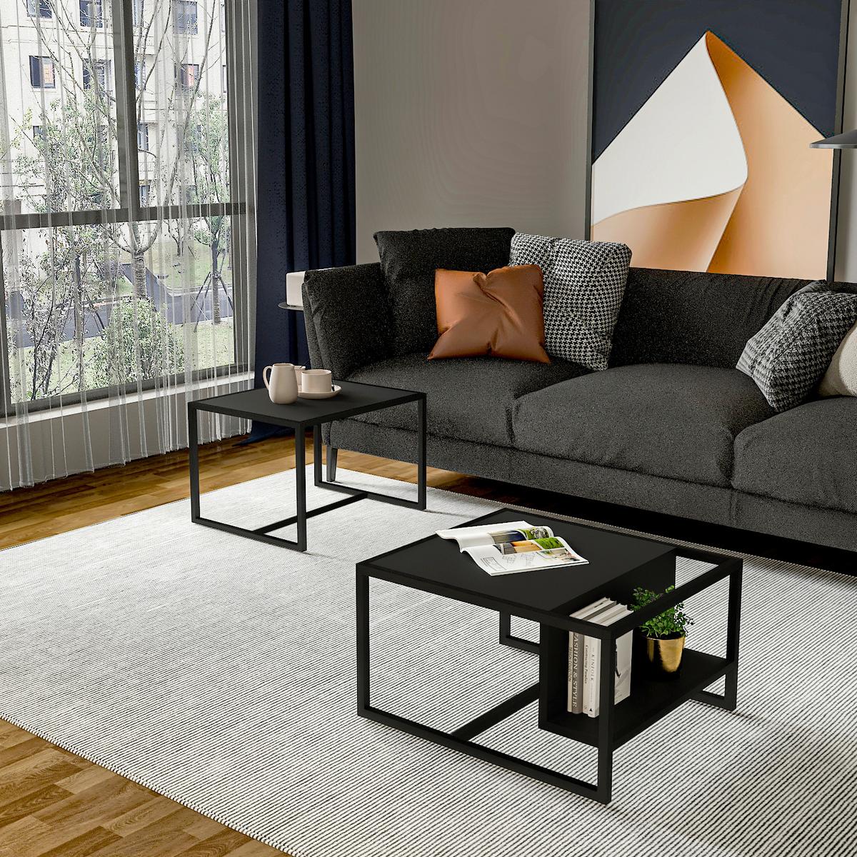 COUCHTISCHSET BATI COUCHTISCH - Anthrazit/Schwarz, Design, Holzwerkstoff/Metall - Livetastic