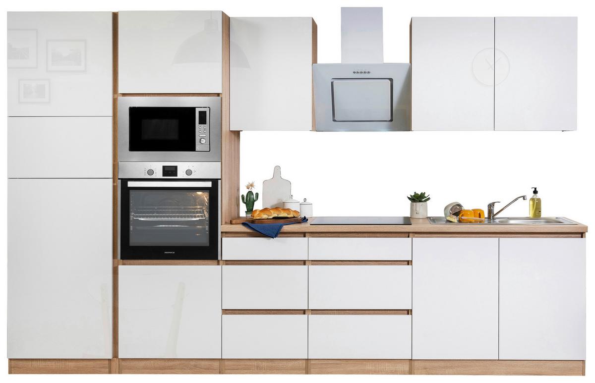 Küchenblock Lorena mit Geräten ca. 335 cm Weiß Hochglanz - Weiß Hochglanz/Eichefarben, Basics, Holzwerkstoff (335cm) - Respekta