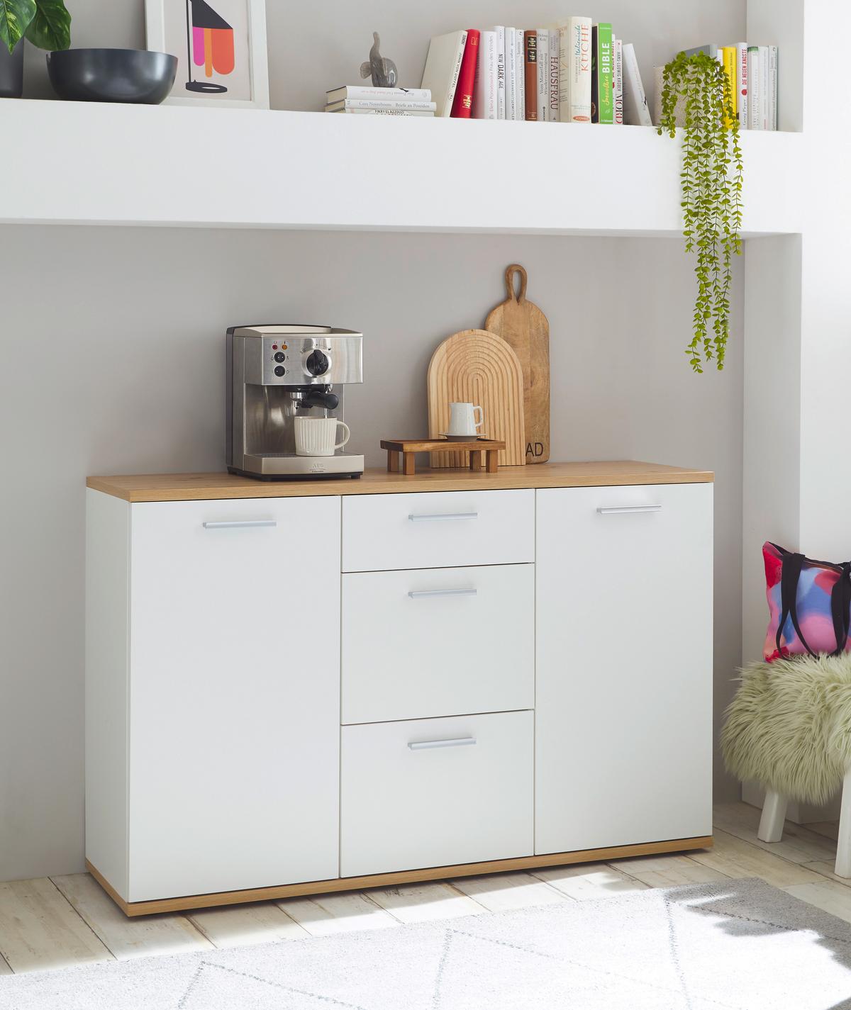 KOMODA SZEROKA BC 1035 - kolor srebrny/biały, Design, materiał drewnopochodny/tworzywo sztuczne (135/86/38cm) - MID.YOU