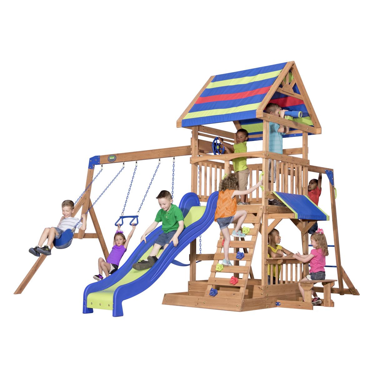 Spielturm Northbrook aus Zeder Massiv - Blau/Rot, Basics, Holz (429,3/299,7/136,9cm) - Ambia Garden