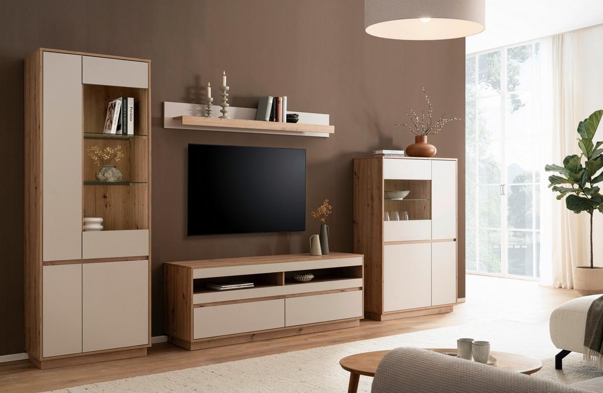 WOHNWAND SONORA - Kaschmir/Eiche Artisan, Design, Glas/Holzwerkstoff (342/205/40cm) - MID.YOU