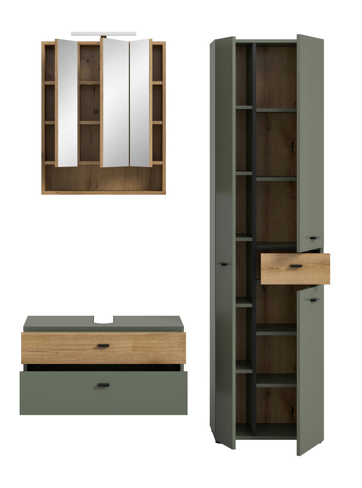 Badezimmer AQUA Grün, Eichefarben 3-teilig - Eichefarben/Schwarz, Trend, Glas/Holzwerkstoff (75/35/35cm) - MID.YOU