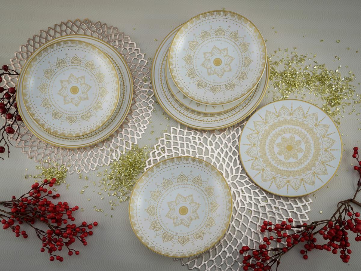 Jedilni Servis Mandala, 12-Delni - zlate barve/bela, keramika - Creatable