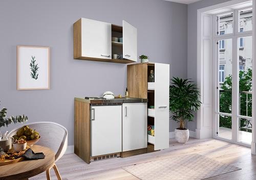 Miniküche Weiß/Eiche m. Geräten B: ca. 130cm - Edelstahlfarben/Eichefarben, MODERN, Holzwerkstoff (130cm) - Respekta