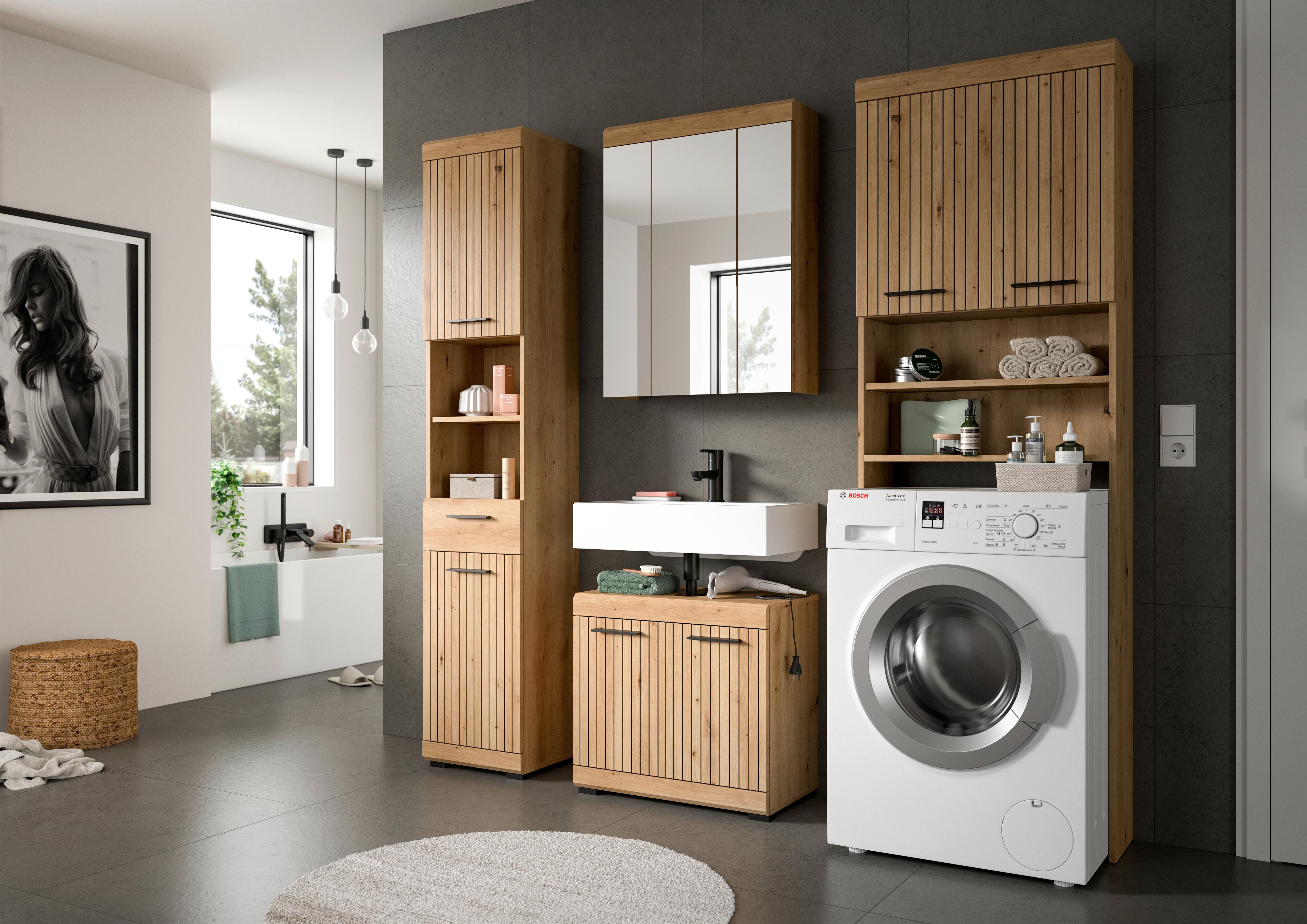 Badezimmer Scout Eiche Artisan 4-teilig - Schwarz/Eiche Artisan, Trend, Glas/Holzwerkstoff (160cm) - MID.YOU
