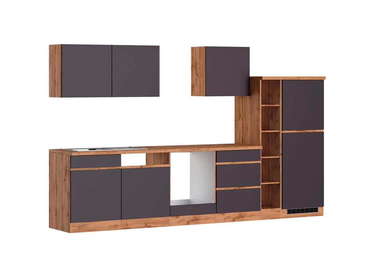 Küchenblock Turin ohne Geräte ca. 330 cm Grau/Eiche - Eiche Wotan/Grau, Design, Holzwerkstoff (330cm) - Held