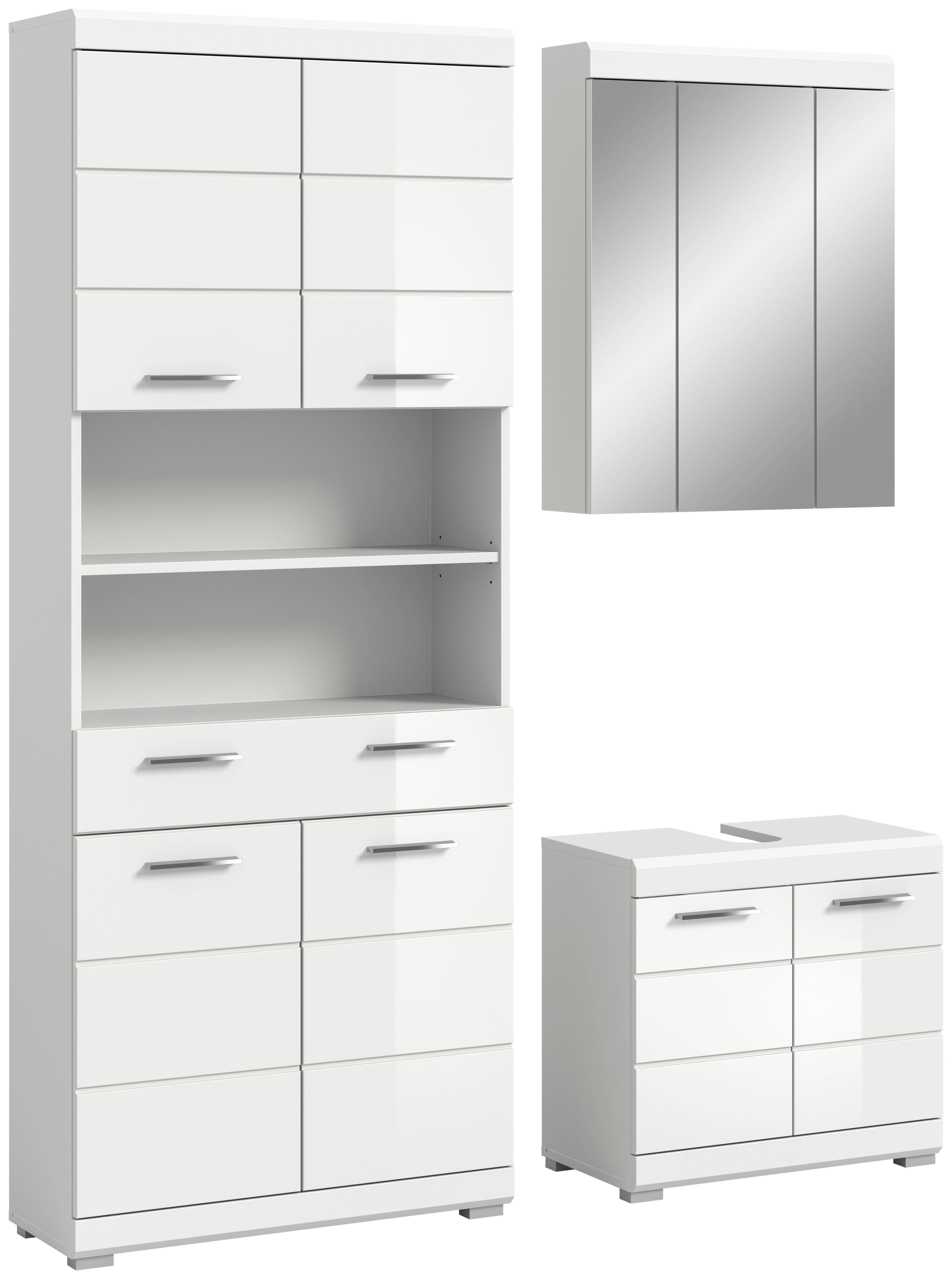 Badezimmer Scout 3-tlg. ca. 134 cm Weiß hochglanz - Weiß Hochglanz/Silberfarben, MODERN, Holzwerkstoff/Kunststoff (134cm) - MID.YOU
