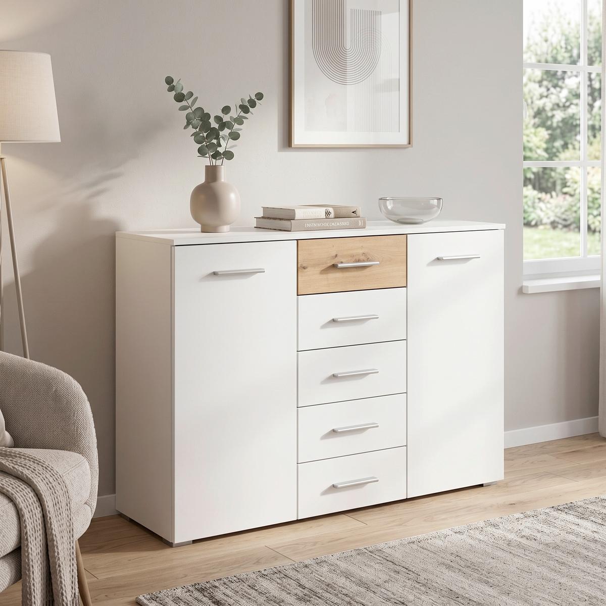 Komoda Foster - bijela/hrast Artisan, Konvencionalno, drvni materijal/plastika (120/84/40cm) - Modern Living