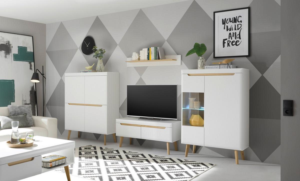 Wohnwand Svante Torge Weiß/Eichefarben B: 344cm - Eichefarben/Weiß, Design, Glas/Holzwerkstoff (344/170/40cm) - MID.YOU
