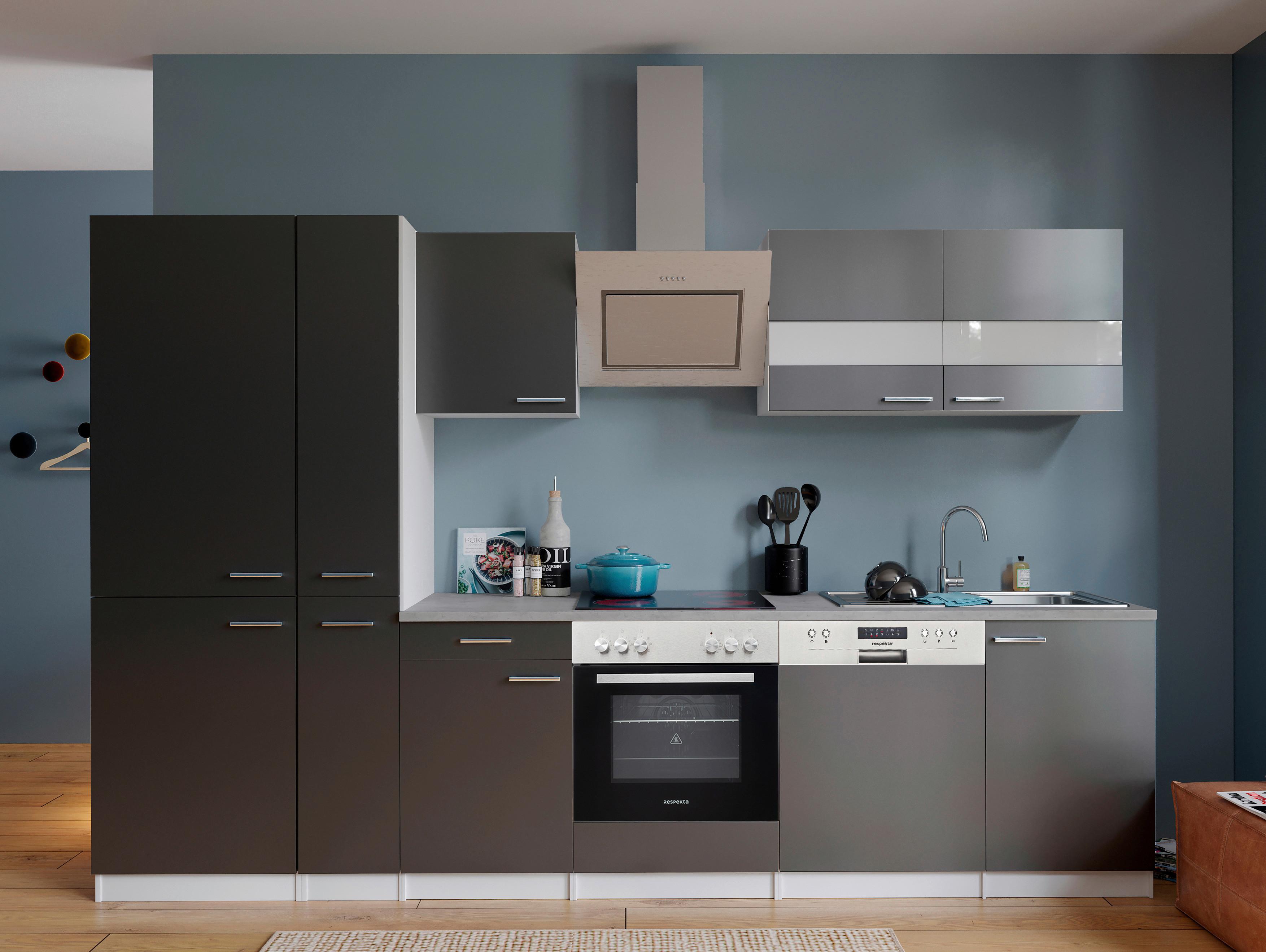 Küchenblock Malia mit Geräten ca. 310 cm Grau - Edelstahlfarben/Graphitfarben, Basics, Holzwerkstoff/Metall (310cm) - Respekta