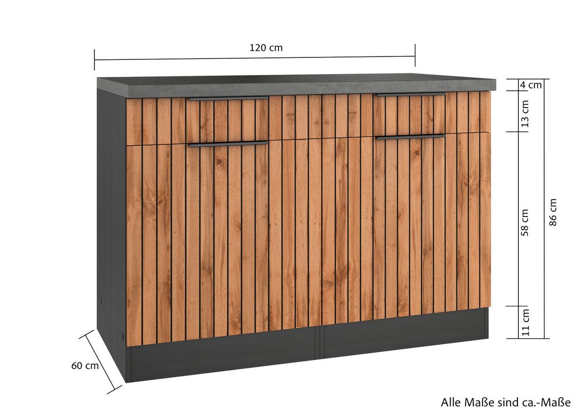 Küchenunterschrank Liverpool Eiche/Graphitfarben - Schieferfarben/Eiche Wotan, Basics, Holzwerkstoff/Metall (120/85/60cm) - Held