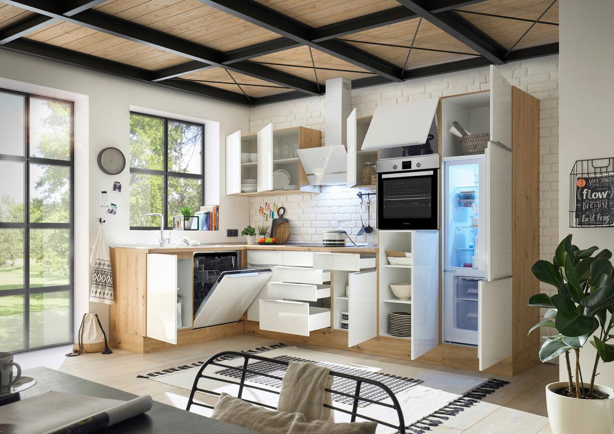 Eckküche Marleen mit Geräten Weiß/Eiche ca. 340x170 cm - Weiß Hochglanz/Alufarben, LIFESTYLE, Holzwerkstoff/Kunststoff (170/340cm) - Respekta
