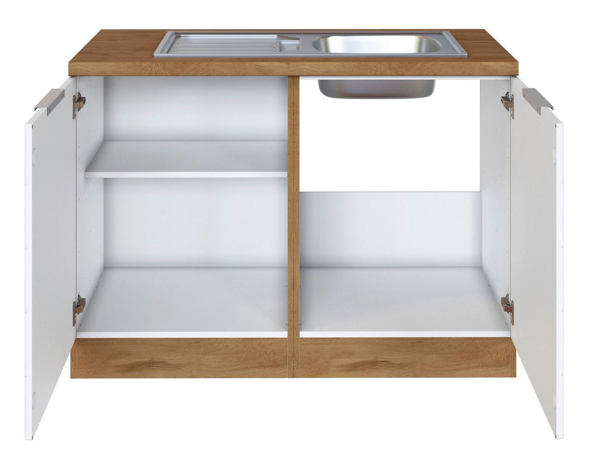 Spülenschrank Florenz mit Spüle ca. 120 cm Weiß/Eiche - Eiche Wotan/Weiß, Design, Holzwerkstoff/Metall (120/86/60cm) - Held