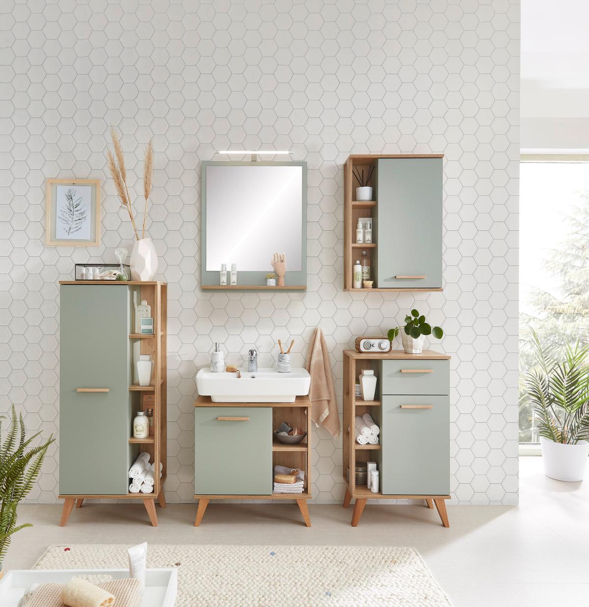 LUSTRO ŁAZIENKOWE SALVIE - kolor dębowy/pastelowa zieleń, Design, materiał drewnopochodny (60/74,5/15,5cm) - Xora