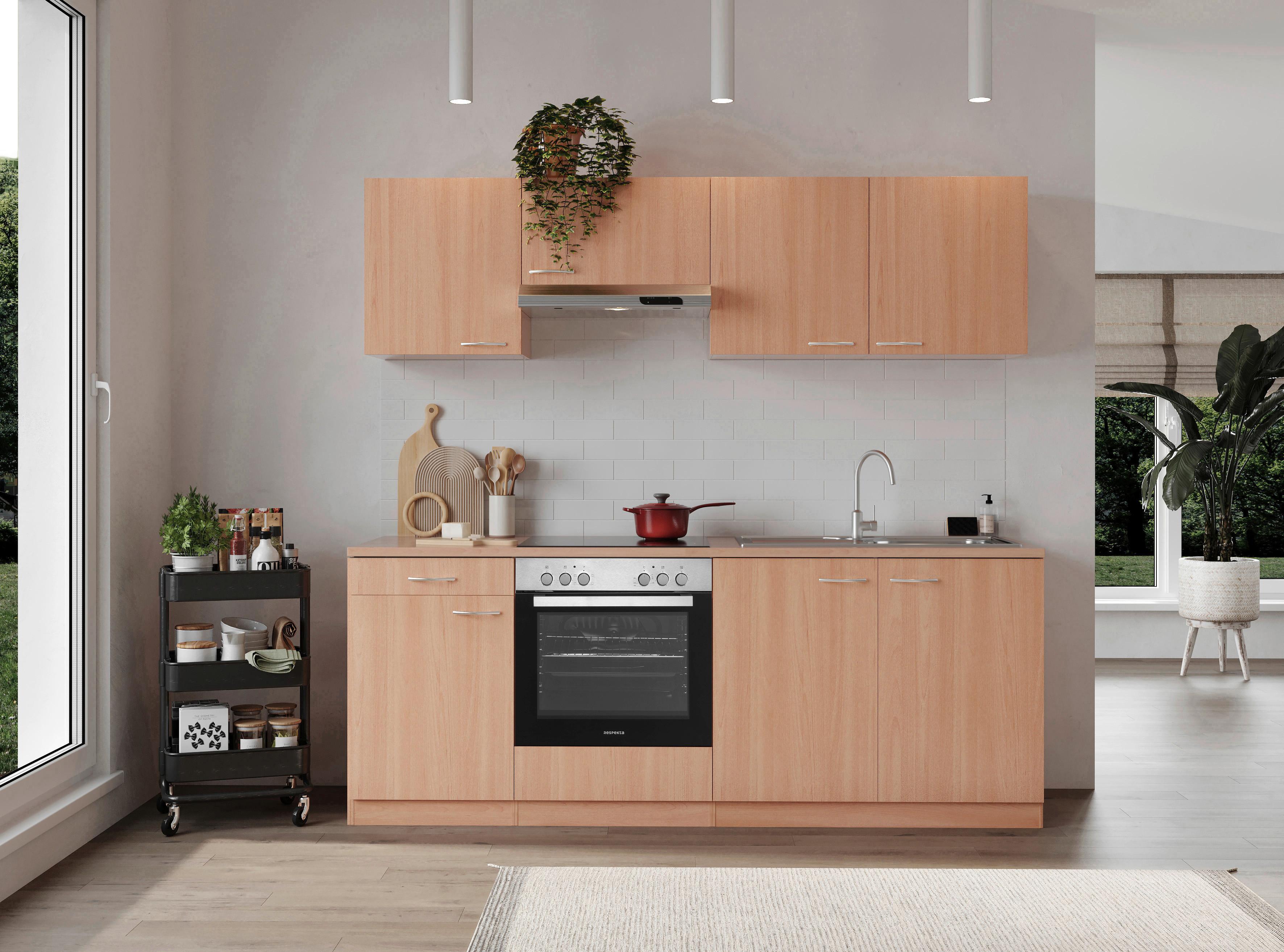 Küchenblock Gerda mit Geräten ca. 210 cm Buchefarben - Buchefarben/Alufarben, Basics, Holzwerkstoff/Kunststoff (210cm) - Respekta