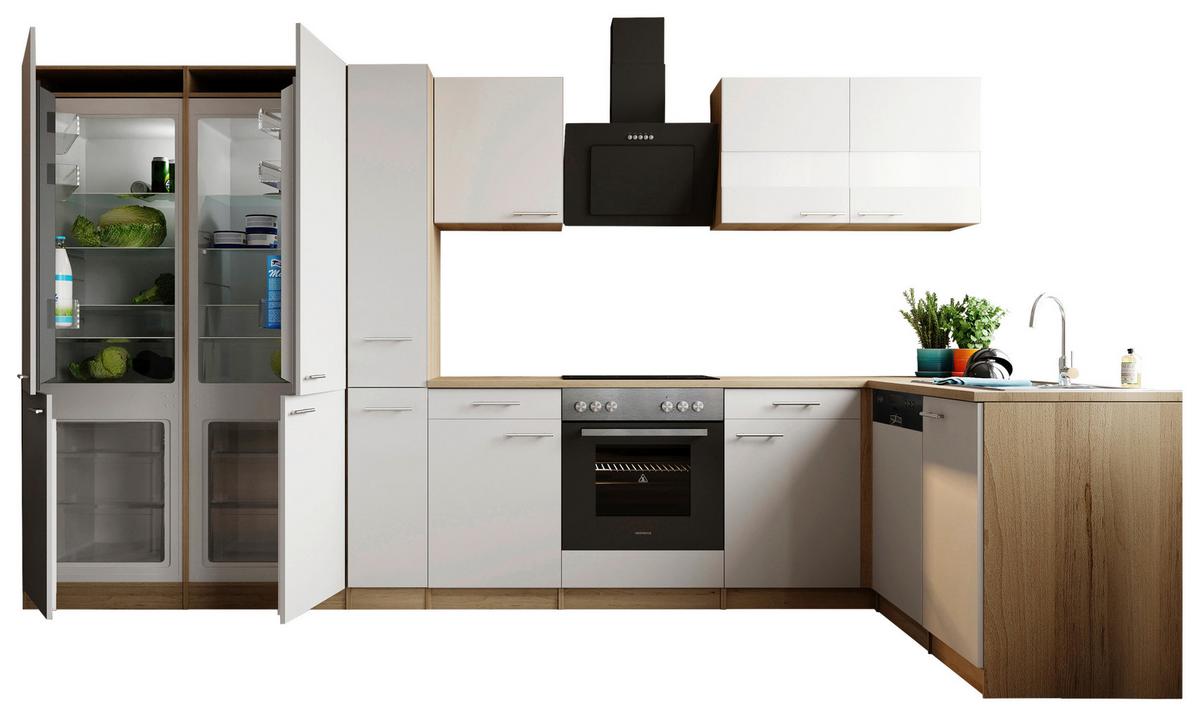 Eckküche Merle m. Geräten ca. 370x172cm Weiß - Edelstahlfarben/Eichefarben, Trend, Holzwerkstoff/Metall (370/172cm) - Respekta