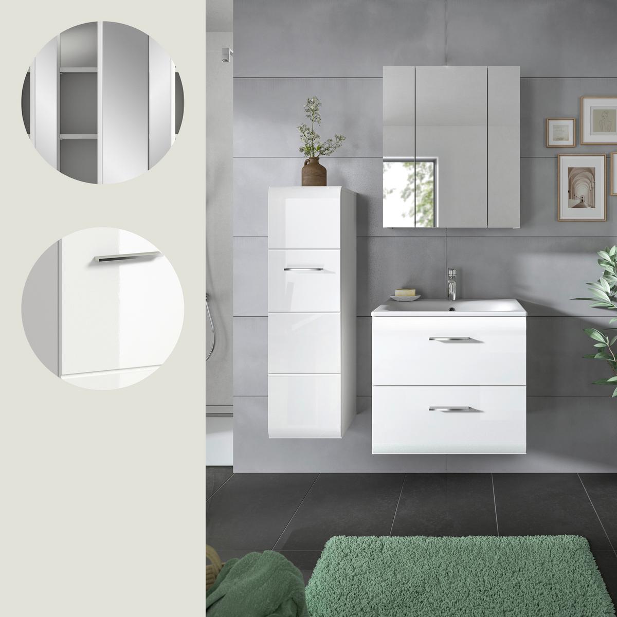 Badezimmer Ice 3-tlg. ca. 90 cm Weiß - Weiß Hochglanz/Silberfarben, MODERN, Keramik/Holzwerkstoff (90cm) - MID.YOU