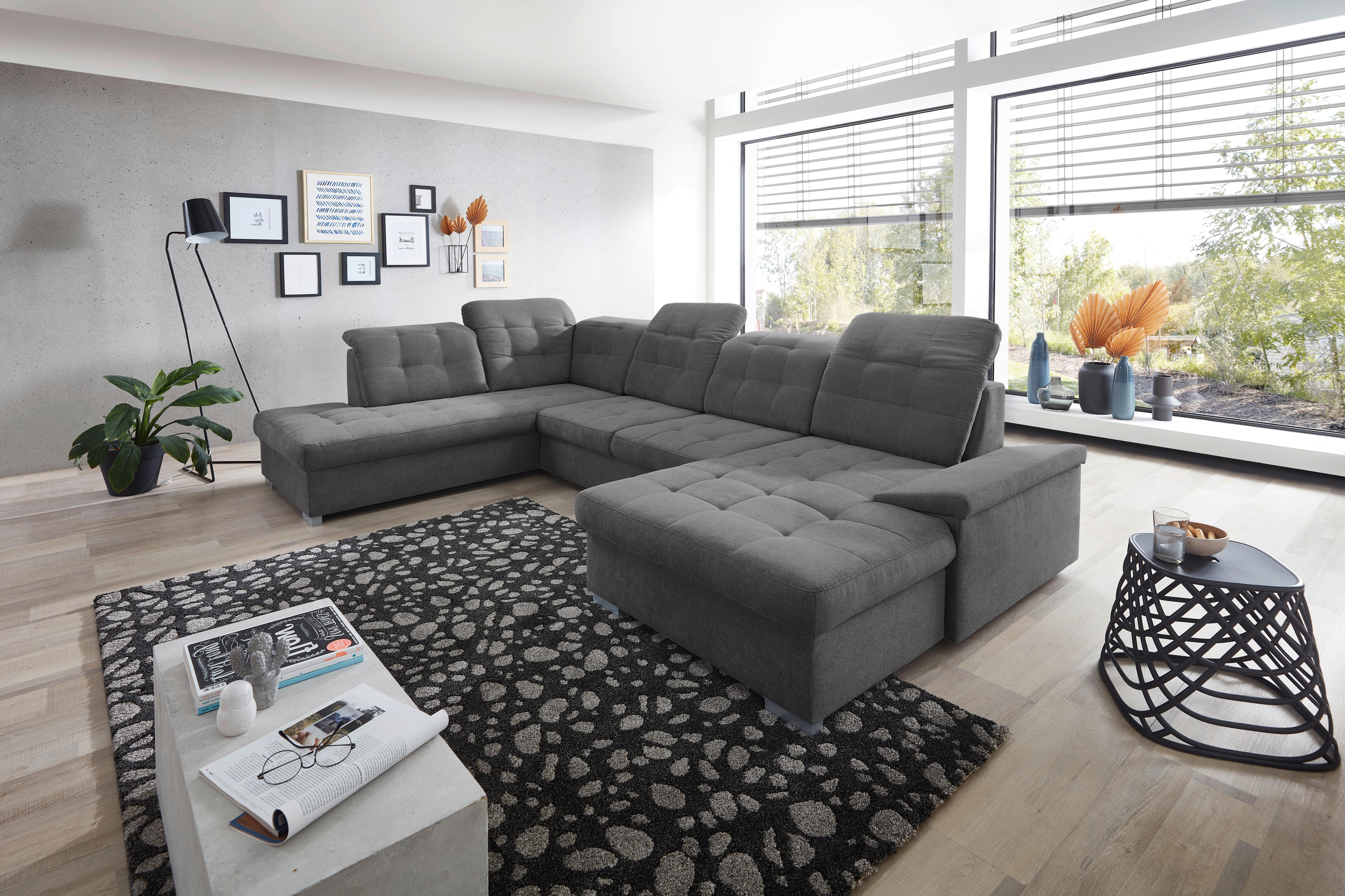 Wohnlandschaft Zira Anthrazit Nylon/Mikrofaser - Chromfarben/Anthrazit, Design, Kunststoff/Textil (212/330/169cm) - Livetastic