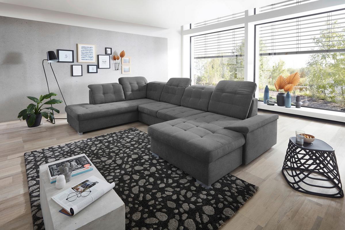Wohnlandschaft Zira Anthrazit Nylon/Mikrofaser - Chromfarben/Anthrazit, Design, Kunststoff/Textil (212/330/169cm) - Livetastic