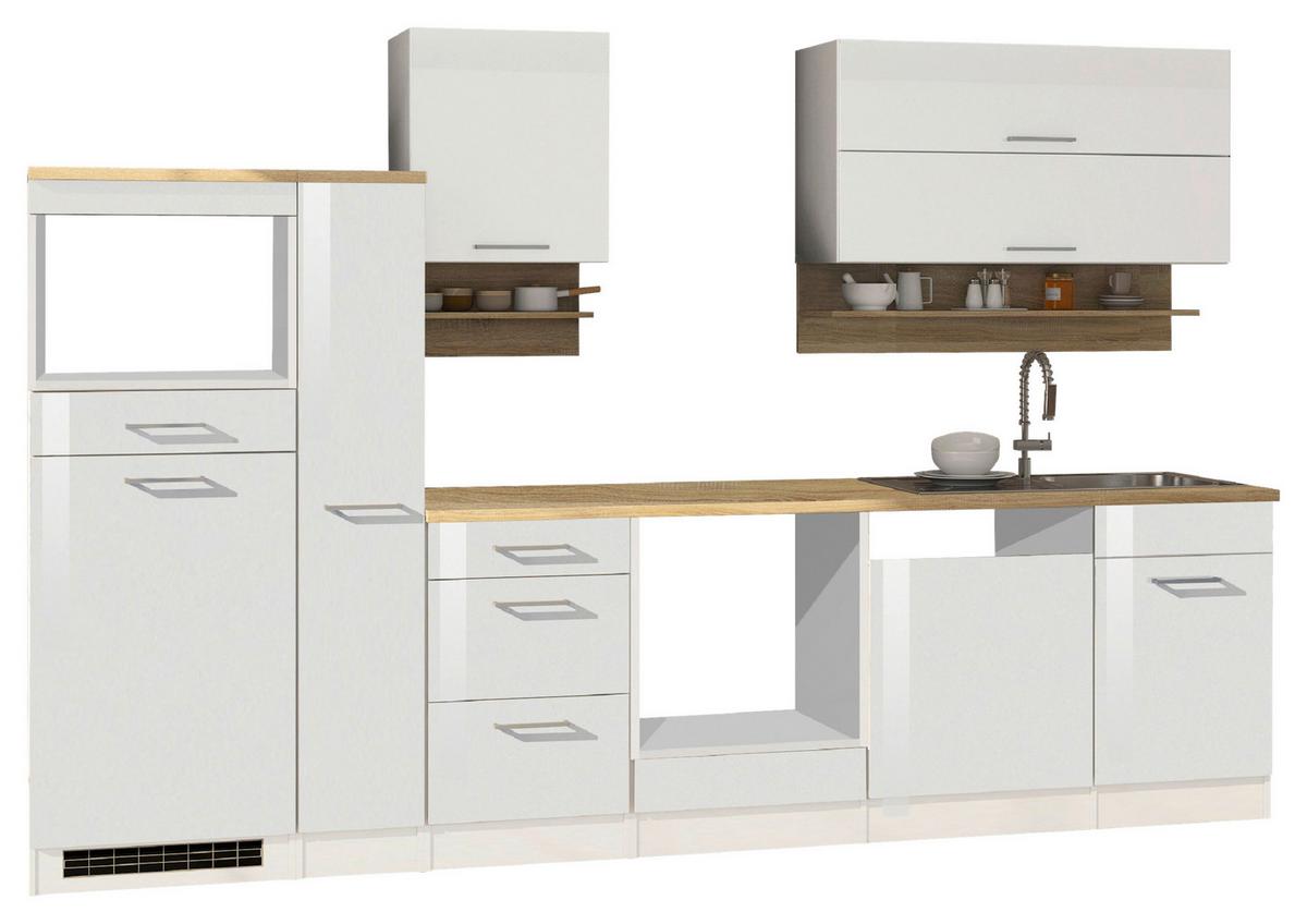 Küchenleerblock Mailand o. Geräte Weiß Hochglanz - Weiß Hochglanz/Silberfarben, MODERN, Glas/Holzwerkstoff (310cm) - Held