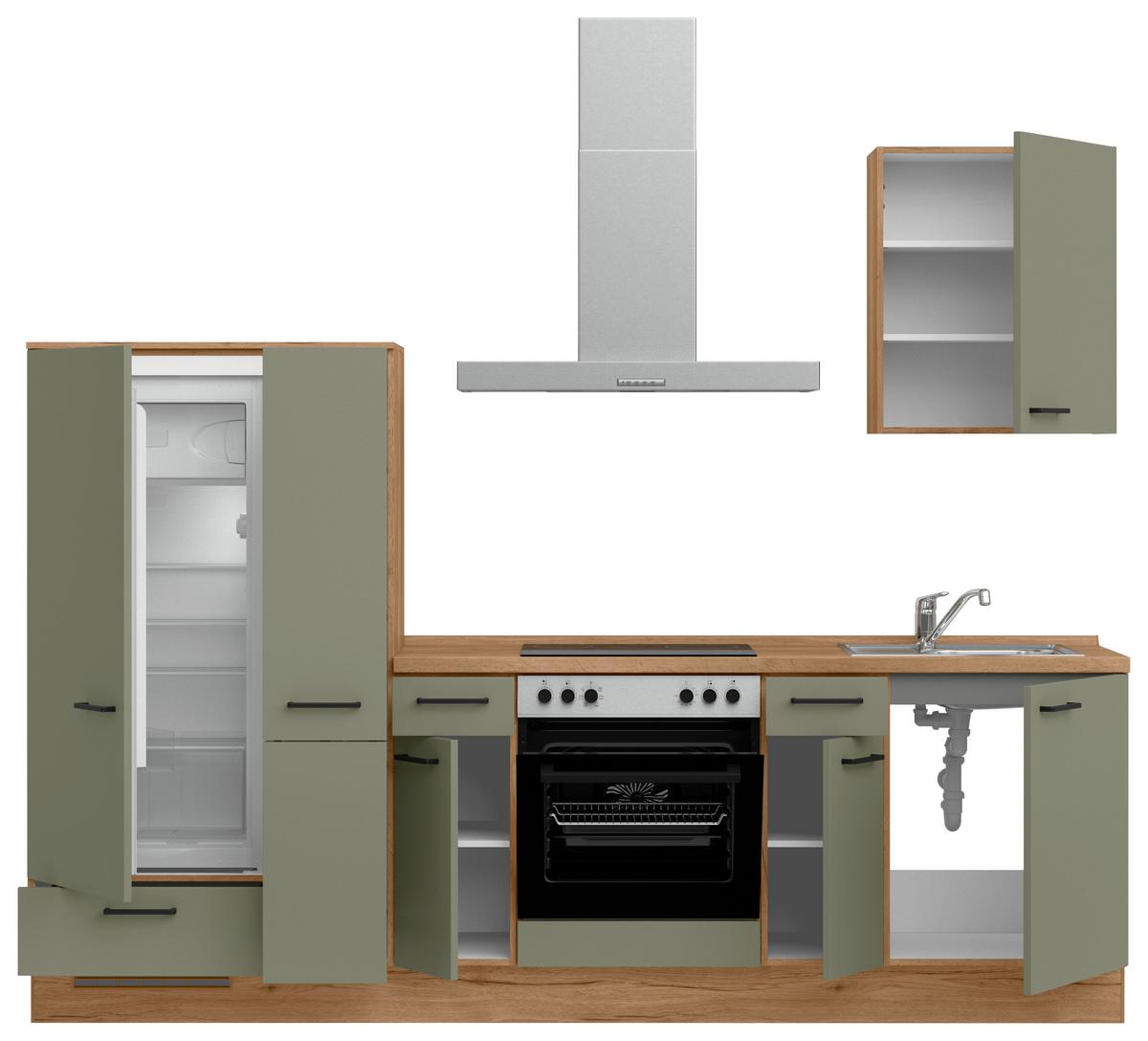 Küchenleerblock Senso Low o. Geräte Olivgrün - Eichefarben/Schwarz, MODERN, Holzwerkstoff/Metall (270cm) - Nobilia