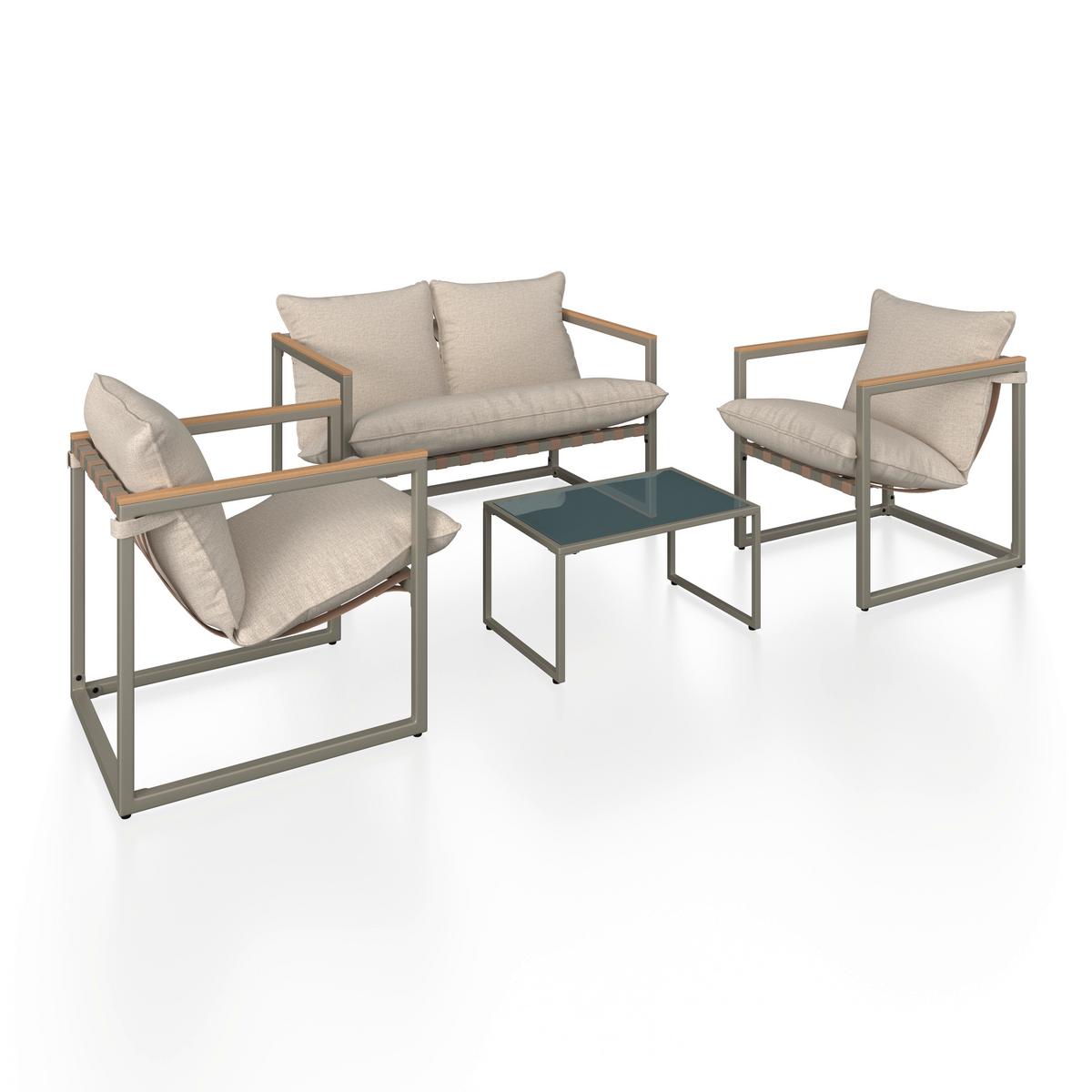 Loungegarnitur Lara Creme Metall/Outdoorstoff +Abdeckung - Creme/Grau, MODERN, Glas/Kunststoff (114cm) - Bessagi Garden