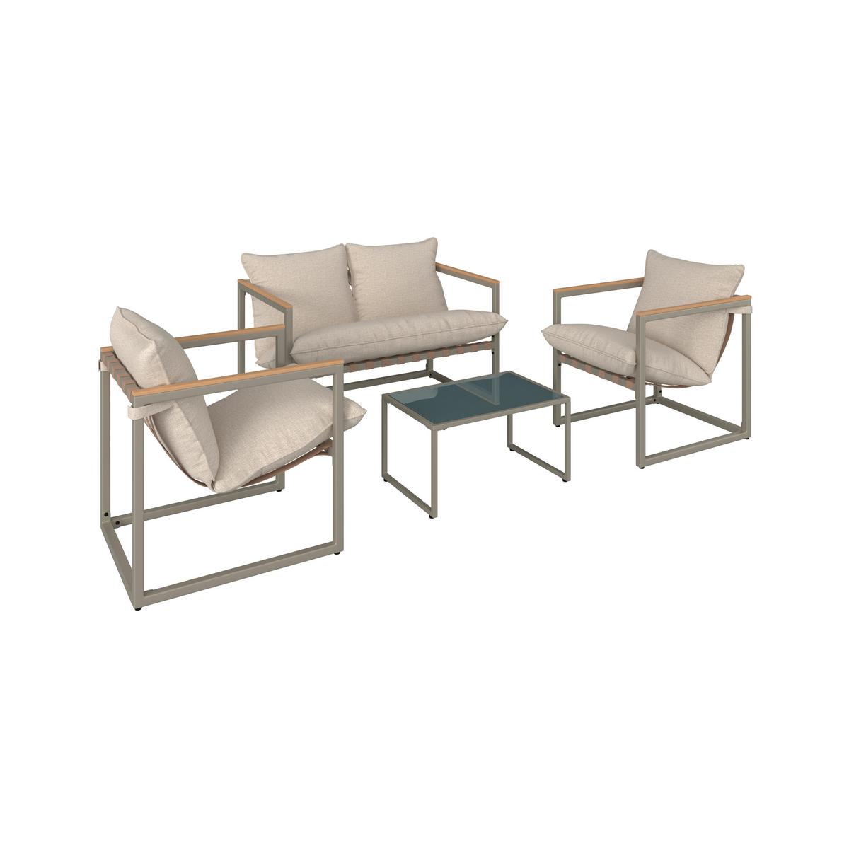 Loungegarnitur Lara Creme Metall/Outdoorstoff +Abdeckung - Creme/Grau, MODERN, Glas/Kunststoff (114cm) - Bessagi Garden