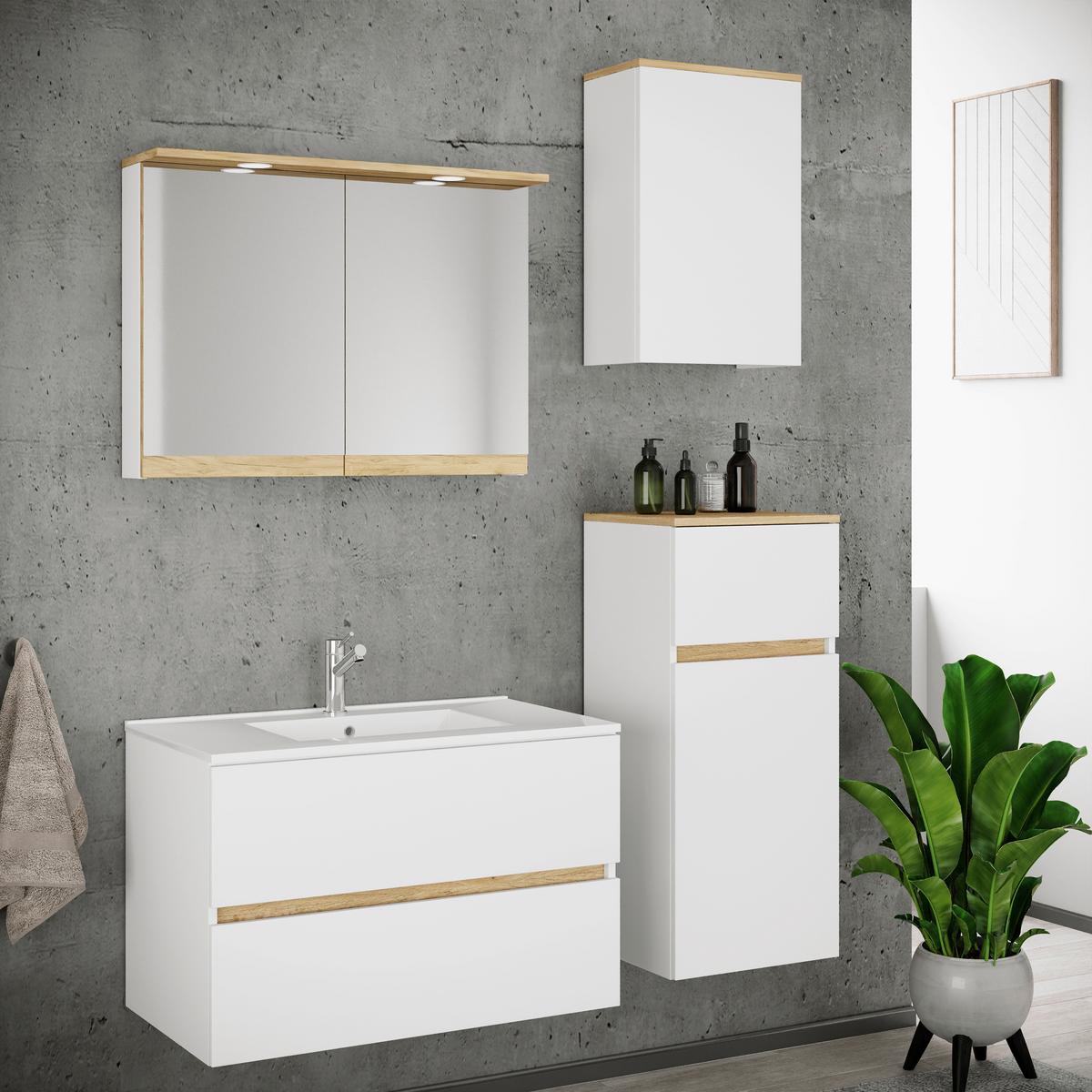 Badezimmer Cosila - Honigeiche/Weiss, Trend, Keramik/Holzwerkstoff (121cm) - MID.YOU