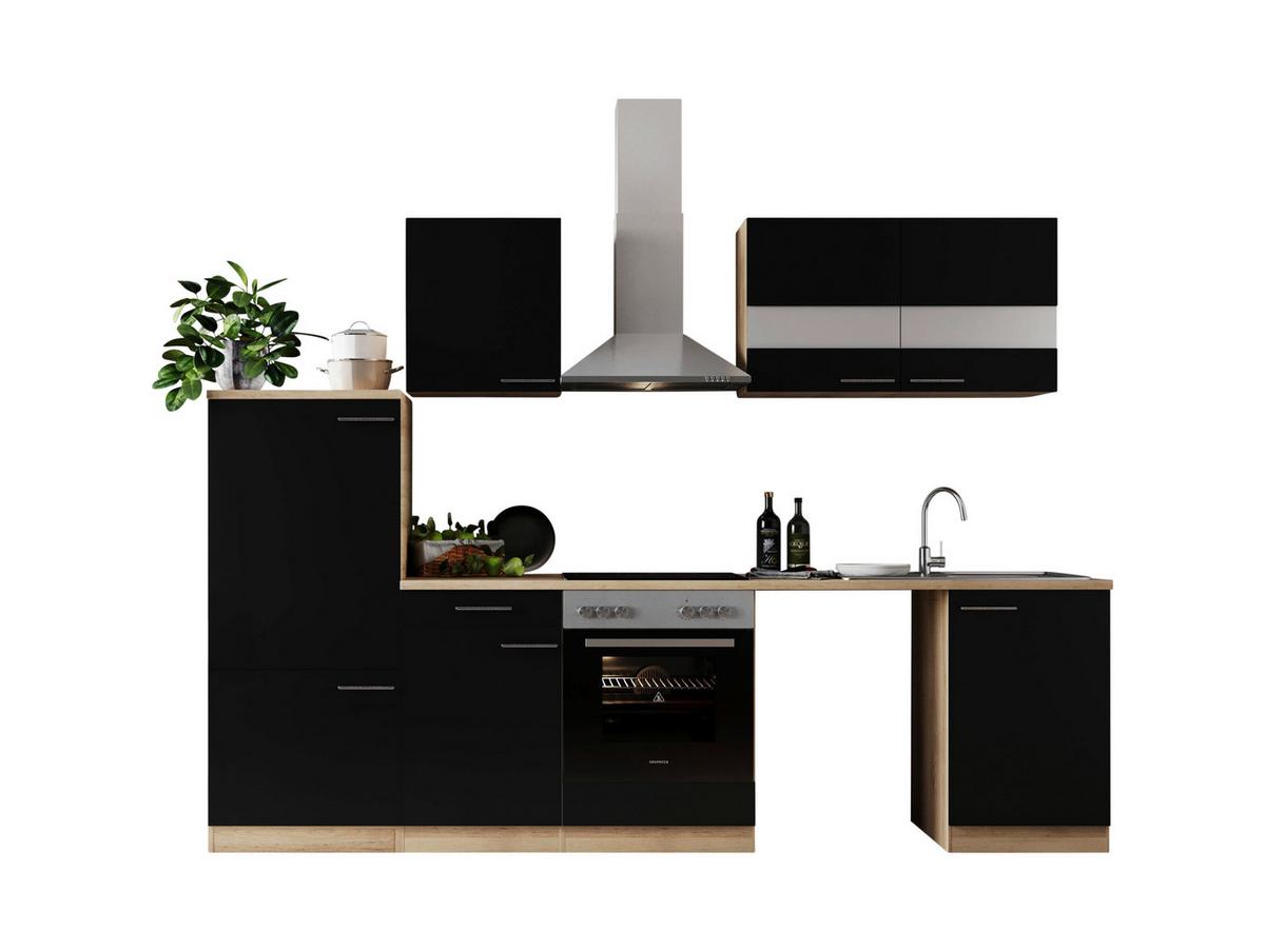 Küchenblock Merle m. Geräten Schwarz - Edelstahlfarben/Eichefarben, Basics, Glas/Holzwerkstoff (280cm) - Respekta
