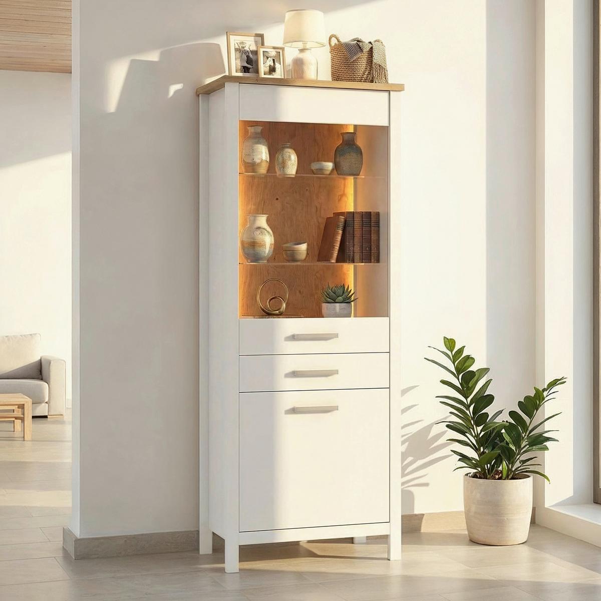 Vitrine Sicilia Weiß/Eiche - Silberfarben/Weiß, ROMANTIK / LANDHAUS, Glas/Holzwerkstoff (80/205/45cm) - Mömax