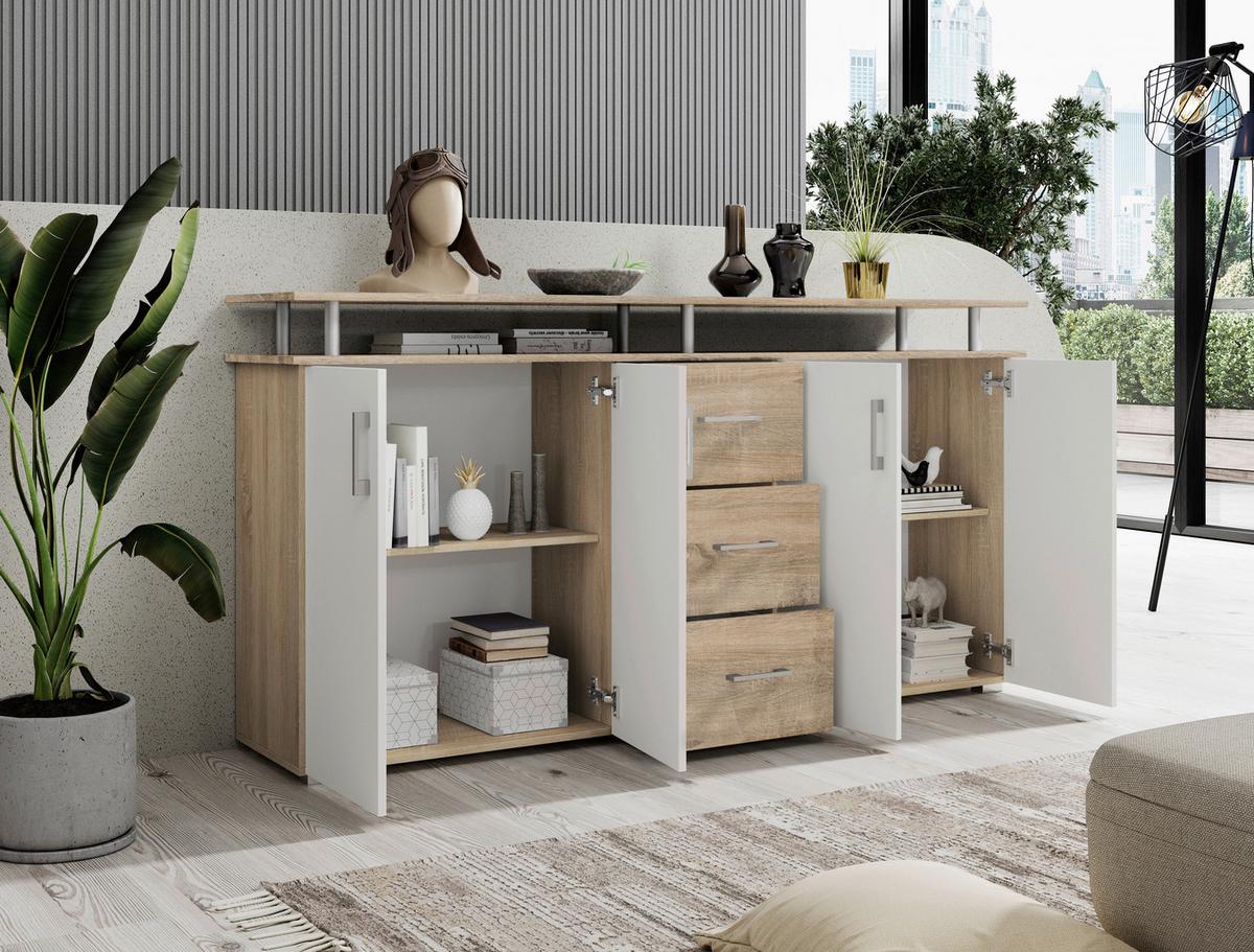 Komód 4 Ajtó 3 Fiók Lift - tölgyfa/fehér, Modern, faalapú anyag (178/90/38cm)