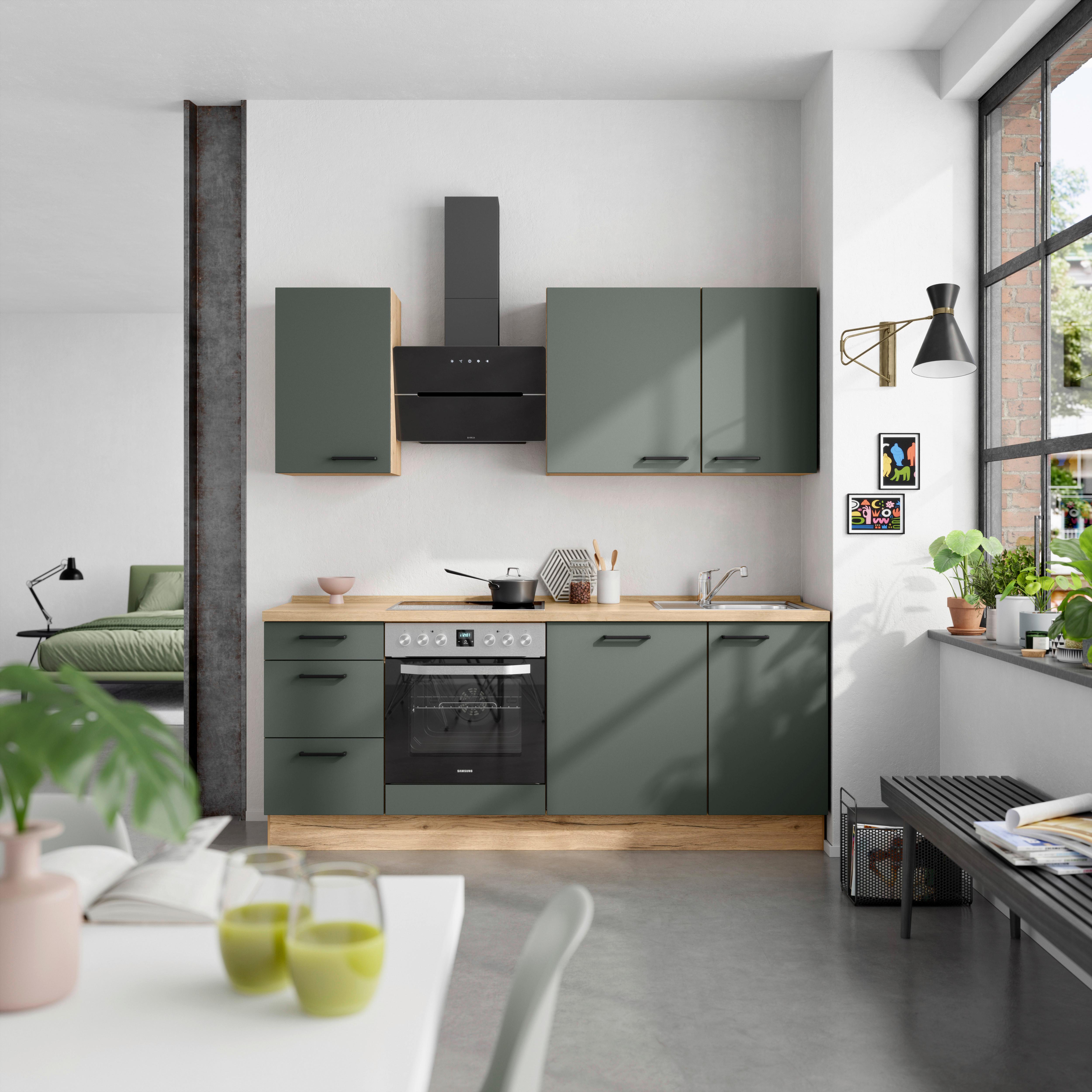 Küchenblock Easytouch High m. Geräten Dunkelgrün - Dunkelgrün/Eichefarben, MODERN, Holzwerkstoff/Metall (210cm) - Nobilia