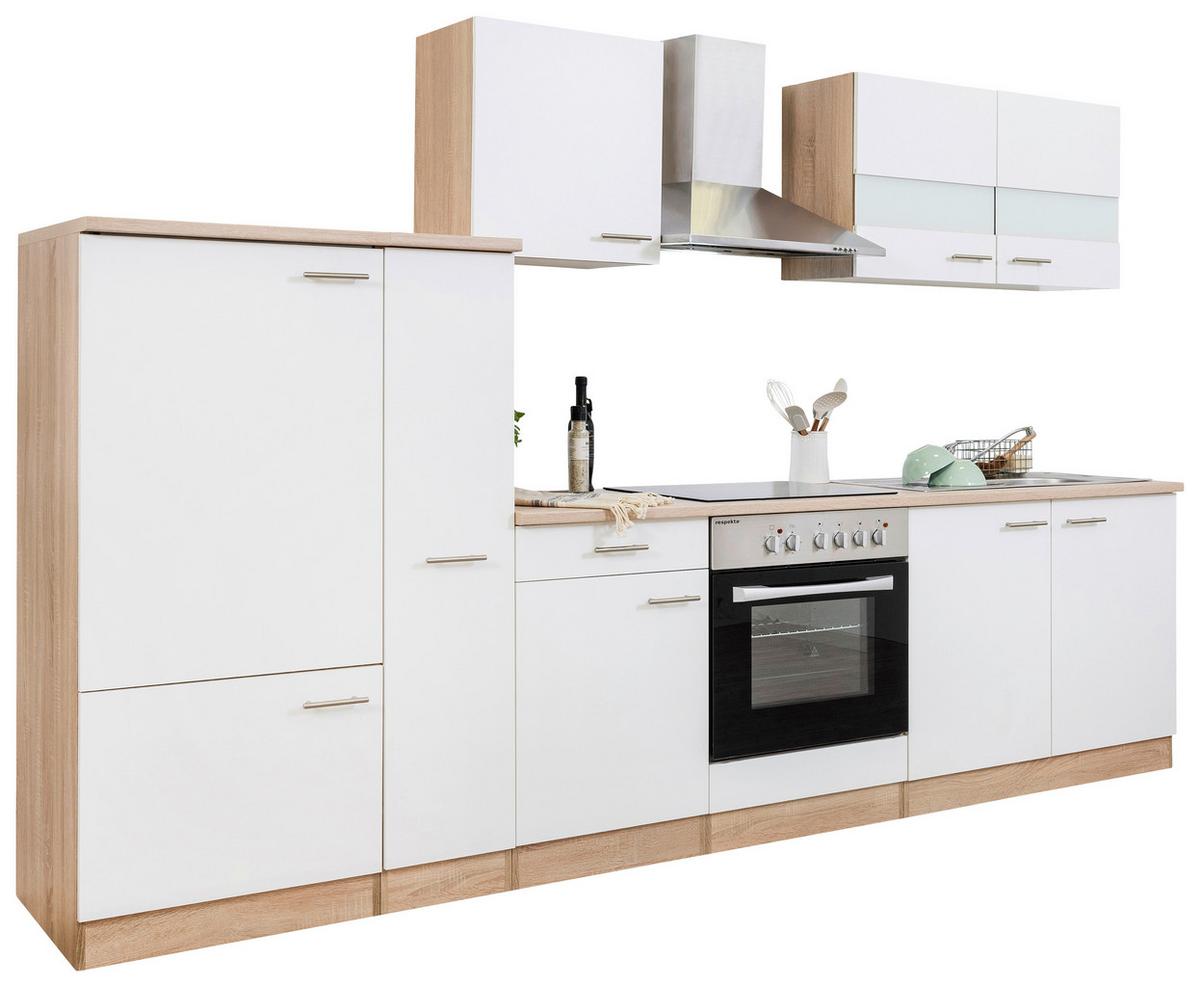 Küchenzeile Economy o. Geräte Eiche Dekor/Weiß B: ca. 300 cm - Edelstahlfarben/Eichefarben, Basics, Holzwerkstoff/Metall (300cm) - Respekta
