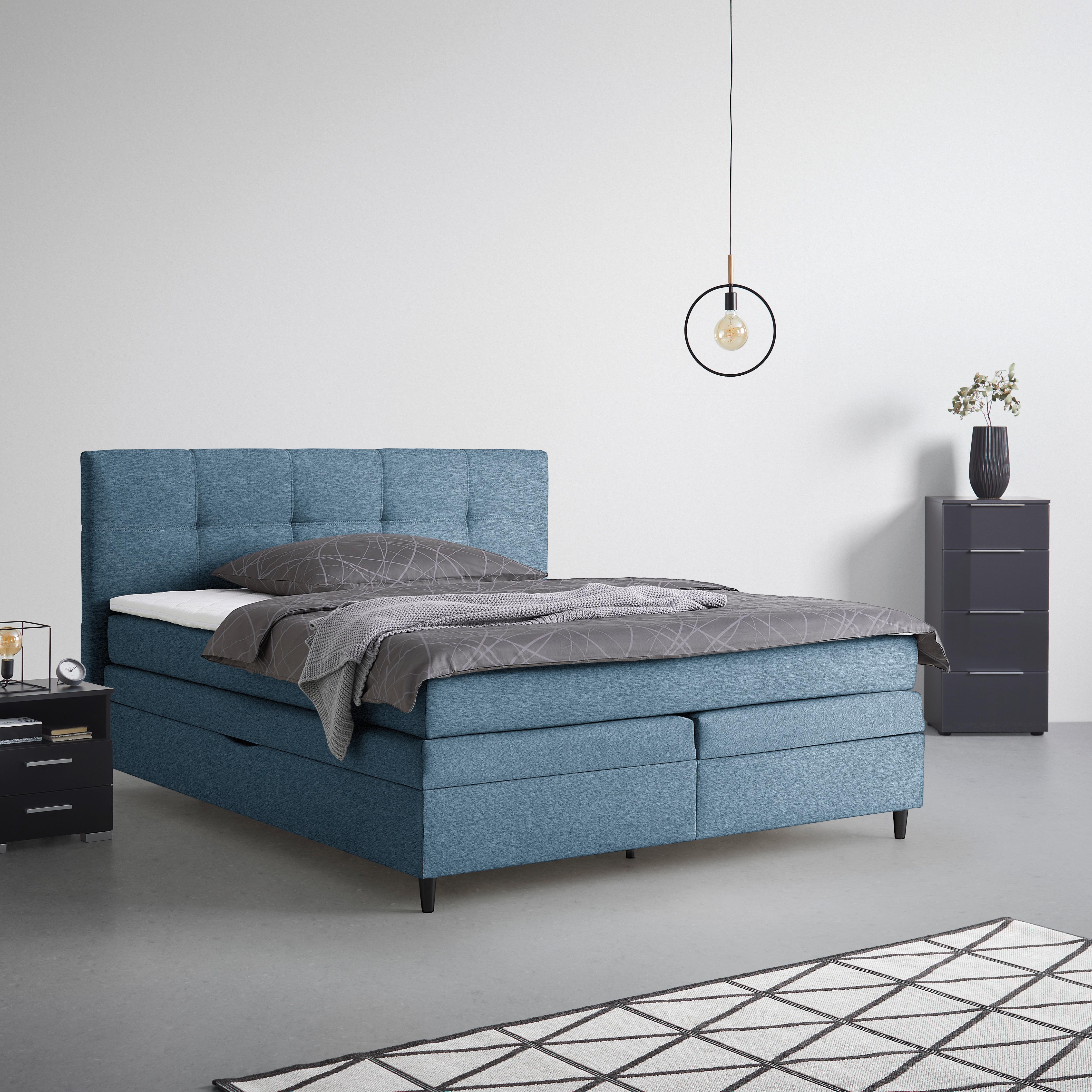 Boxspringbett Miami in Dunkelblau ca. 180x200cm - Schwarz/Dunkelblau, KONVENTIONELL, Holz/Holzwerkstoff (180/200cm) - Mömax