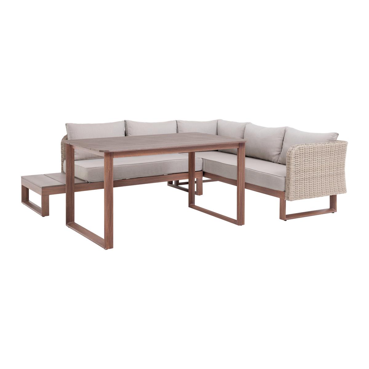 KOMPLET STOŁOWY NA TARAS ELISAVETA - kremowy/jasnobrązowy, Modern, tworzywo sztuczne/metal (254/69/215cm) - Bessagi Garden