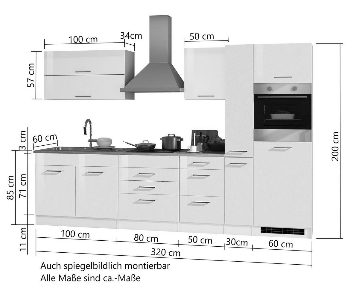 Küchenblock Mailand m. Geräten Weiß Hochglanz - Weiß Hochglanz/Silberfarben, MODERN, Holzwerkstoff/Metall (320cm) - Held