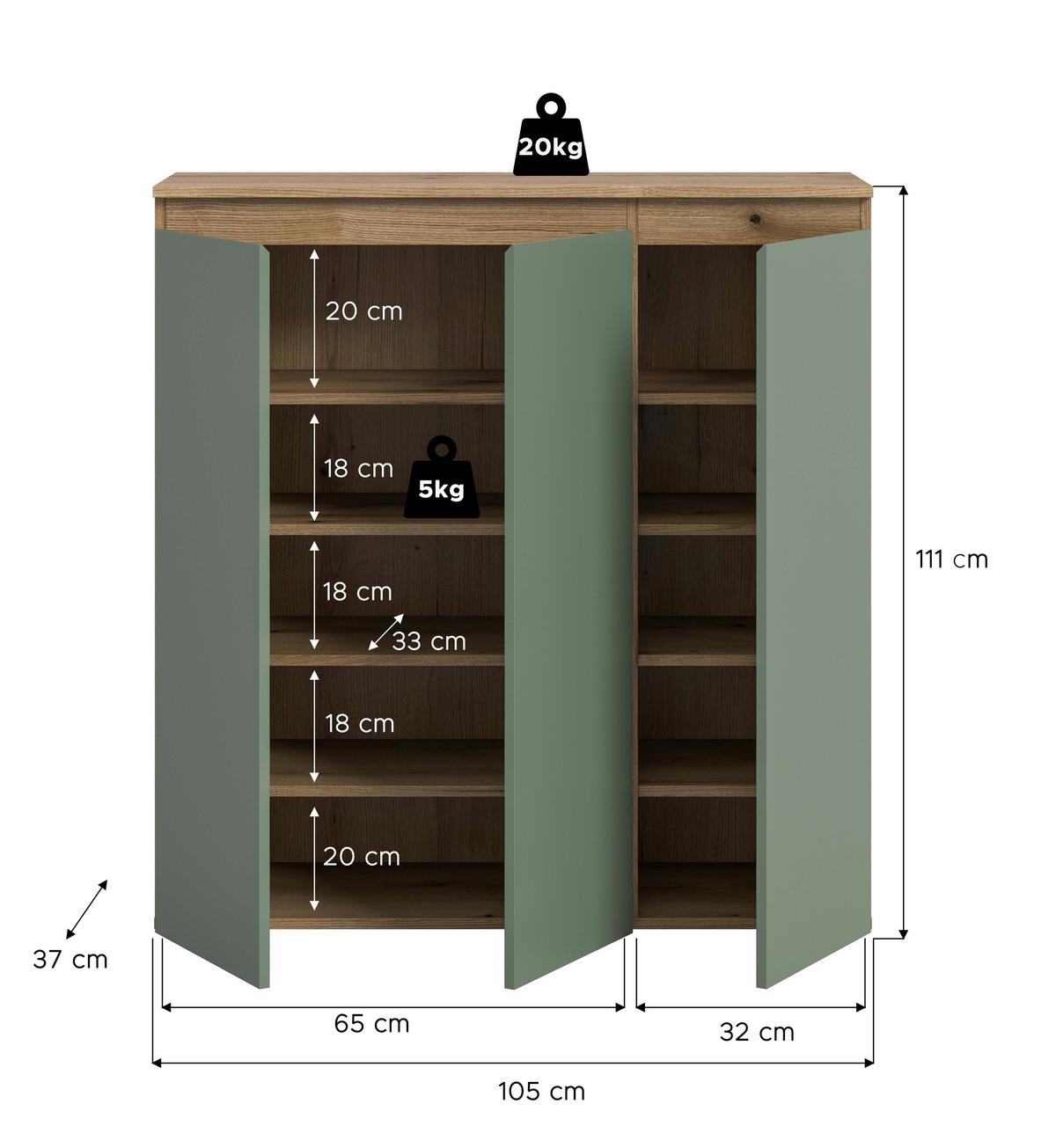 Schuhschrank Scarpa Graugrün/Eiche - Eichefarben/Schwarz, Design, Holzwerkstoff/Kunststoff (105/111/37cm) - Livetastic
