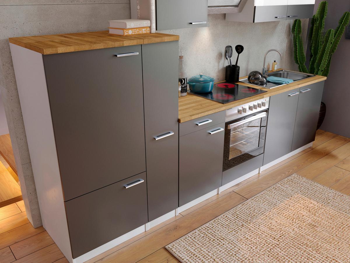 Küchenzeile Economy m. Geräten Grau/Nussbaum B: ca. 300 cm - Edelstahlfarben/Nussbaumfarben, Basics, Holzwerkstoff/Metall (300cm) - Respekta