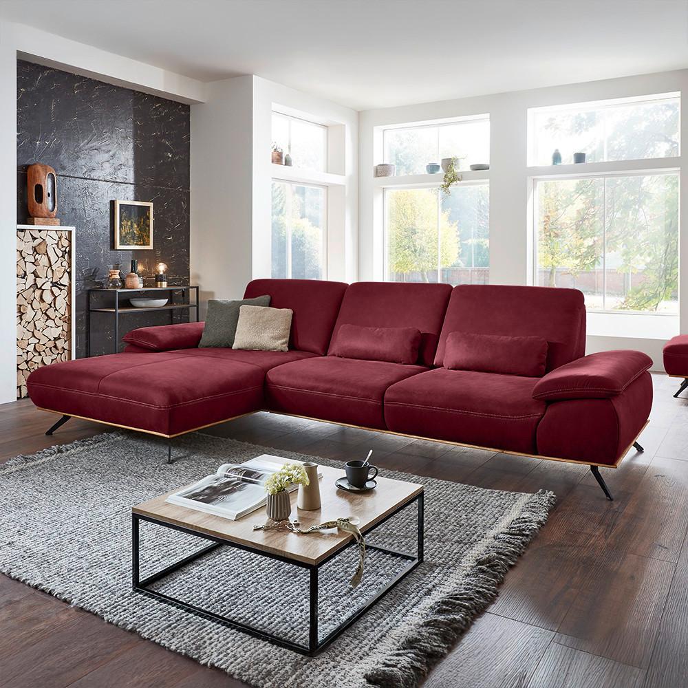 Wohnlandschaft Erling Weinrot - Beige/Weinrot, MODERN, Leder/Metall (187/89/322cm) - Premium Living