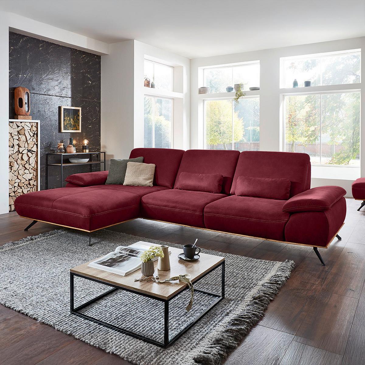 Wohnlandschaft Erling Weinrot - Beige/Weinrot, MODERN, Leder/Metall (187/89/322cm) - Premium Living