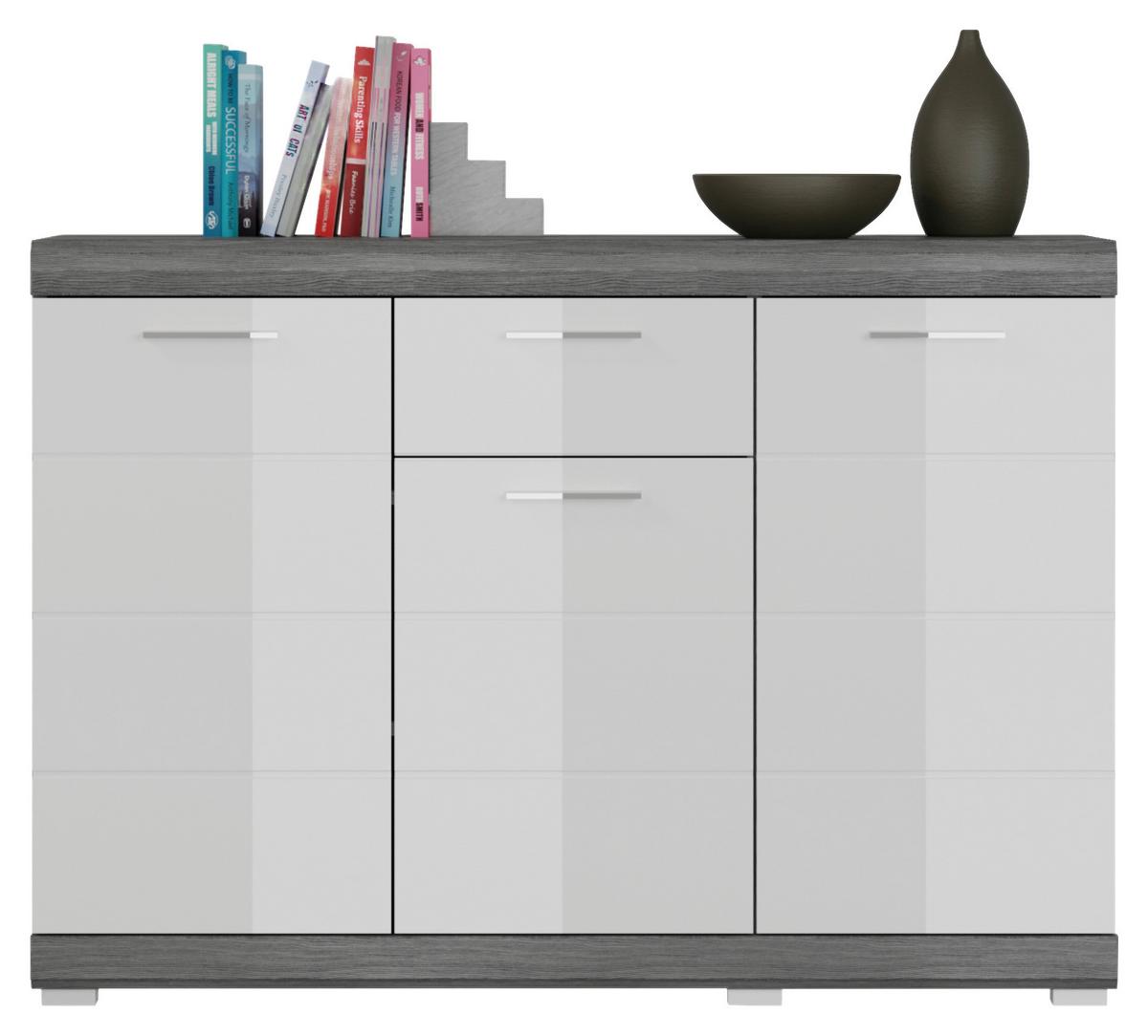 Kommode Scout ca. 120x85 cm Weiß/Grau - Chromfarben/Weiß Hochglanz, Design, Holzwerkstoff/Kunststoff (120/85/37cm) - MID.YOU