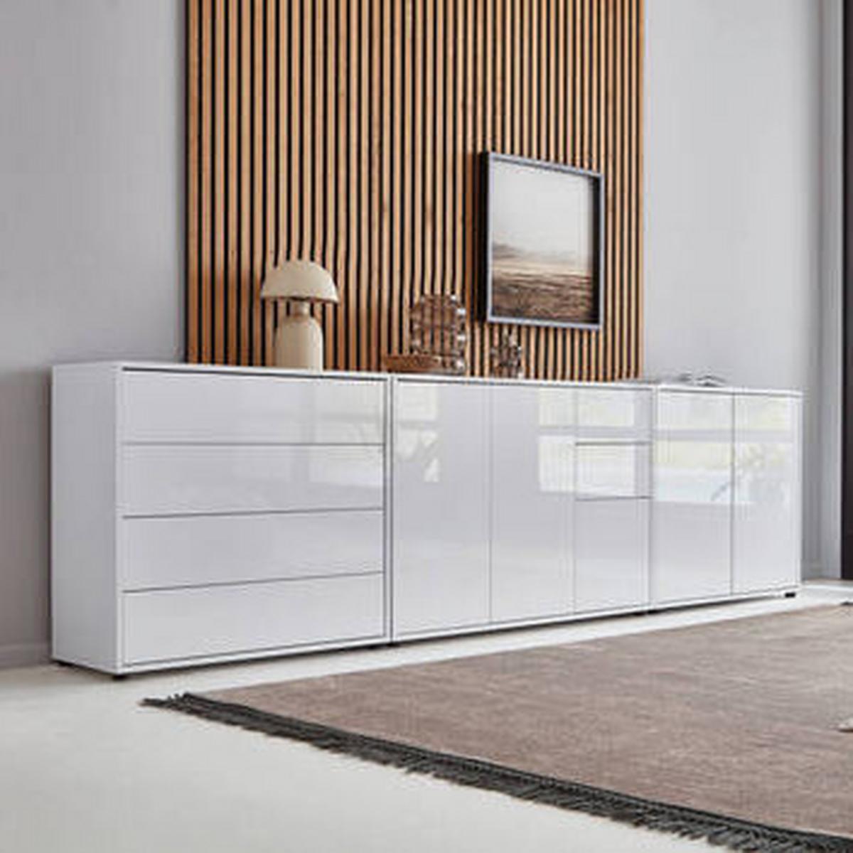 Sideboard Mailand Set 7 Weiß/Weiß Hochglanz - Weiß Hochglanz/Schwarz, MODERN, Holzwerkstoff/Kunststoff (263,5/73/33cm) - MID.YOU